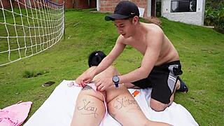 my friend slathers sun spray on my big ass then fucks me hard missionary style - lizi love.