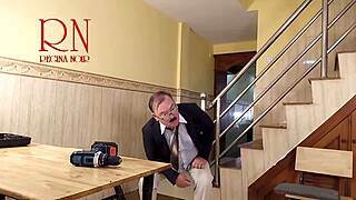 Cheating housewife ravages plumber as cuckold watches kitchen pounding