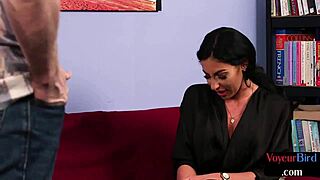 Voyeur milf in stockings teases wanker into explosive finish