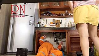 Cheating housewife ravages plumber as cuckold watches kitchen pounding