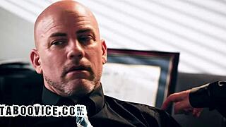 while slutty secretary chats with boss's wife on phone, he pounds her wet pussy hard in the office