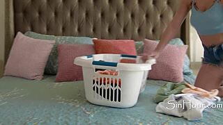 so i catch my sexy blonde roommate masturbating and offer her my big cock