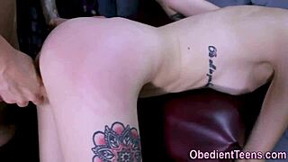 handcuffed flexible teen endures rough group banging session