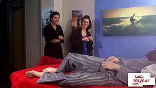 cute femdoms in lingerie humiliate n jerk sub guy pathetic