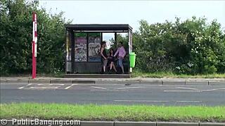 Busty petite teen gangbang threesome bent over doggystyle by busy highway