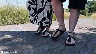 barefoot german mature explores birkenstocks outdoors
