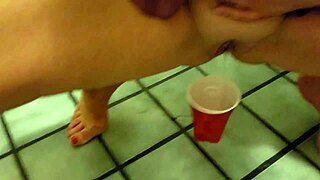 Blonde housewife flashes her pretty shaved pussy pissing close-up