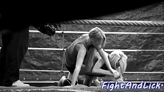 Big titted Euro babe wrestles shaved pussy licking into lesbian 69 frenzy