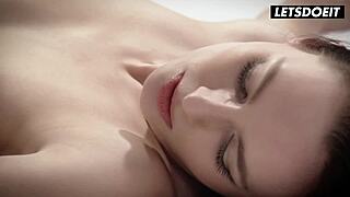 Hot brunette Lee Anne teases massive cock before passionate spooning fuck