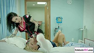 Mature busty nurse fingers tattooed teen patient before facesitting scissoring orgasm