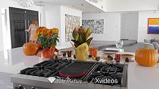 busty housewife christens kitchen with big cock pounding