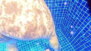 Huge ass stranger caught masturbating by pool trades dildo for real cock!