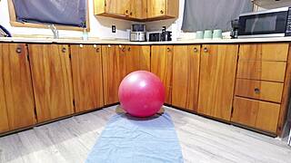 Horny babe humps yoga ball fingering tight pussy to squirting orgasm