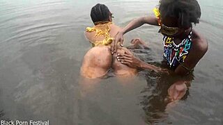 two skinny lesbians bathe intimately by riverside