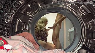 chubby blonde milf fucks young guy doggystyle in laundry room