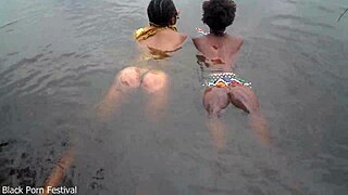 two skinny lesbians bathe intimately by riverside