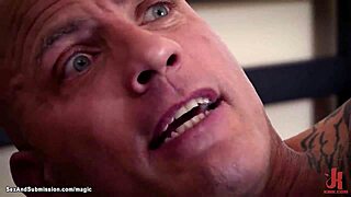 tattooed goon teases bound brunette's shaved pussy roughly