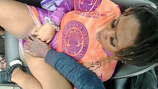 chubby ebony babe vibes juicy pussy publicly in car ride moans