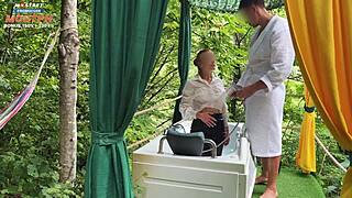 Client Orders Receptionist Bath Suck on His Cock in Heels