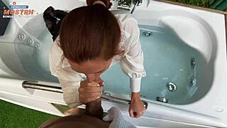 Client Orders Receptionist Bath Suck on His Cock in Heels