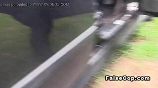 tattooed babe sneaks hardcore fuck in public police car backseat