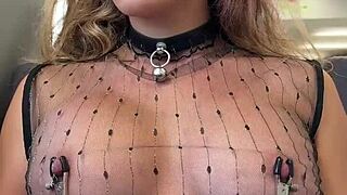 Sheer top flashing pierced nipples on crowded public train