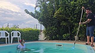 hot latina milf housewife fucks husband's friends in kitchen while he cleans pool cuckold style