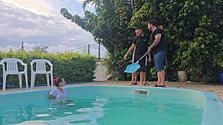 hot latina milf housewife fucks husband's friends in kitchen while he cleans pool cuckold style