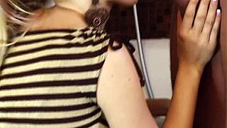 Blonde Pornstar Strips for Husband's Bath Footjob Tease