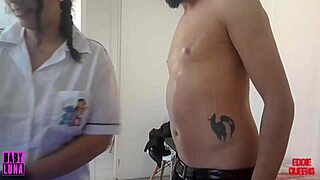 Chubby latina babyluna939 massages huge cock handjob cum on natural tits.