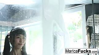 japanese maid turns horny while nude cleaning bathroom