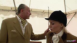 Slim Blonde CFNM Seduced by Old Fat Cock for Farm Cum Gulp