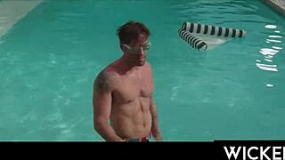 Brunette babe bent over deepthroats then rides cock doggystyle