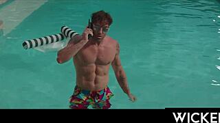 Brunette babe bent over deepthroats then rides cock doggystyle