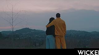 Brunette babe bent over deepthroats then rides cock doggystyle