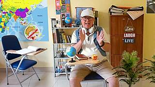 Teacher Everlain seduces student Torcelini in intense classroom encounter.