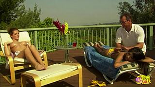 two rich bikini brunettes turn horny massage into lesbian pussy licking orgasm