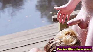 Busty Tattooed British Babe Sucks Cum Outdoor Cock