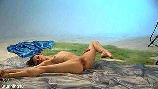 skinny brunette ballerina annett poses nude in bedroom stretching her long legs gracefully