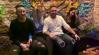 Post-dinner lovers devour blonde brunette pussy in hotel orgy