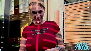 angel young slurps john legendary's big dick between her huge tits pov
