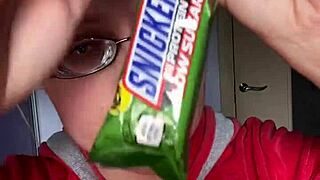 giantess with huge glasses smothers protein bar in her ass!