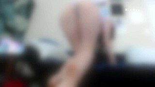 mia nyx teases her pink hairy pussy through see-through lingerie before stripping