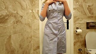 Naughty Nurse Caught Masturbating Does Kinky Prostate Handjob in Toilet