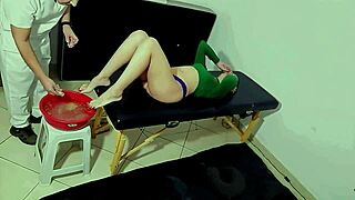 after foot bath massage he licks sucks her toes and cums hard