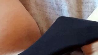 Gretala's hairy bush peeks from sexy black slip wow!
