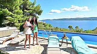 busty anissa kate and olivia del rio dive into poolside lesbian kissing and pussy licking