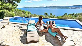 busty anissa kate and olivia del rio dive into poolside lesbian kissing and pussy licking