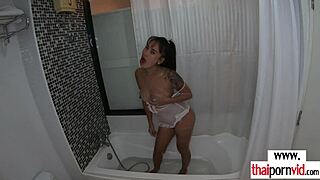 Hot amateur thai teen polly takes big european cock doggystyle in steamy bath fuck