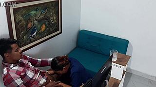 Steamy latina babe devours throbbing cock hungrily.